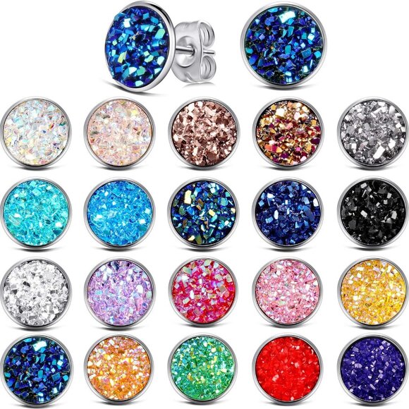 Jewelry - 20 Pairs Round Stud Earrings Stainless Steel Druzy Stud Earring Anti Sensitive F